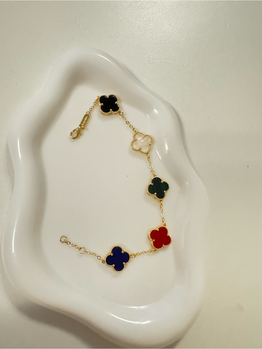 Multi-Color Clover Station Gold Bracelet. 
non-tarnish 18k gold plated.